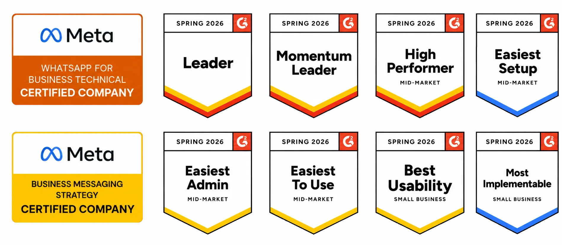 Eazybe awards and certifications — Meta Business certifications and G2 Spring 2026 badges